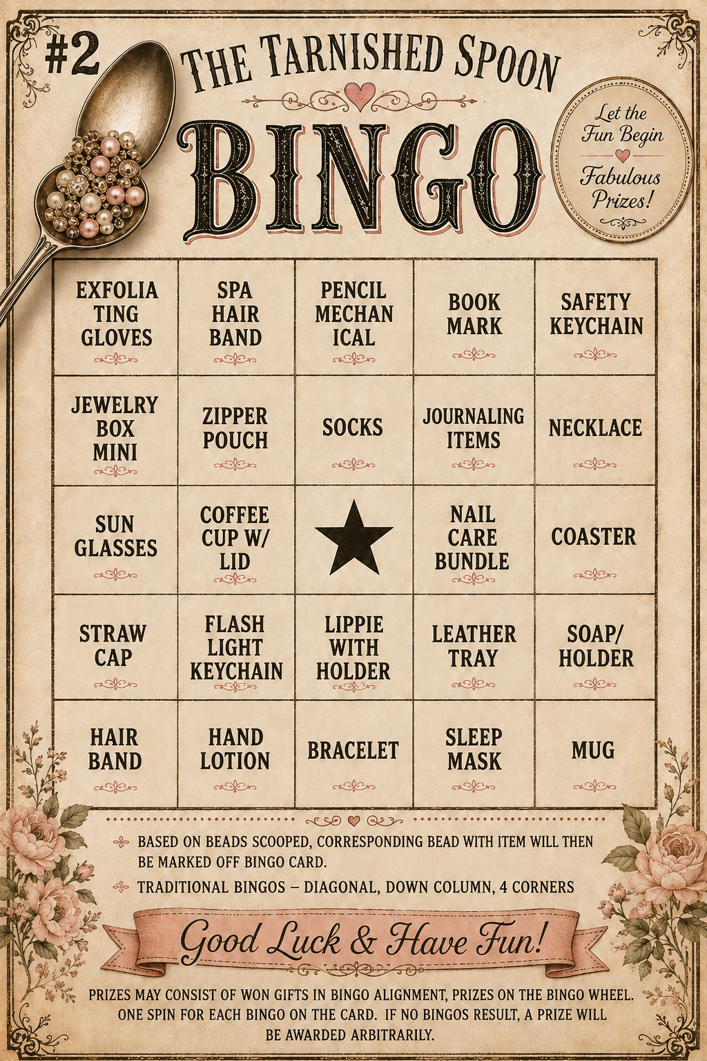 A vintage-style bingo card game card titled "The Tarnished Spoon" with a beige parchment background, black decorative text, a central black star, and a grid of award phrases such as exfoliation gloves, spa hair band, pencil mechanism, book mark, and zipper pouch. Decorative floral corners and a spoon illustration appear around the edges.